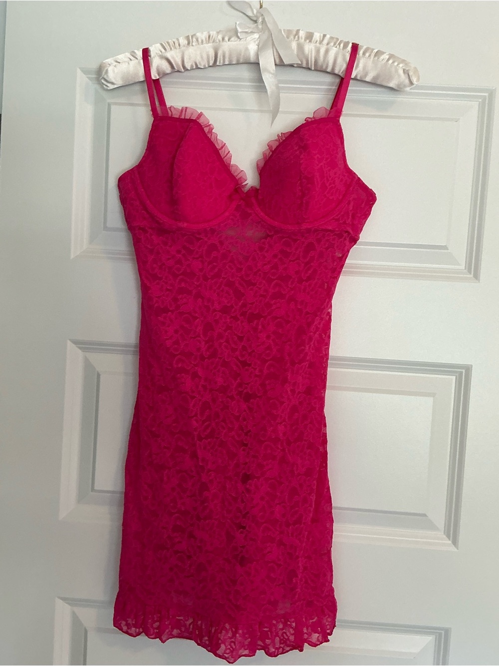 Victoria's Secret Hot Pink Lace Chemise with Ruffle Trim